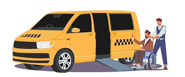 Taxifahrer hilft Rollstuhlfahrer ins Taxi einzusteigen | Texi 