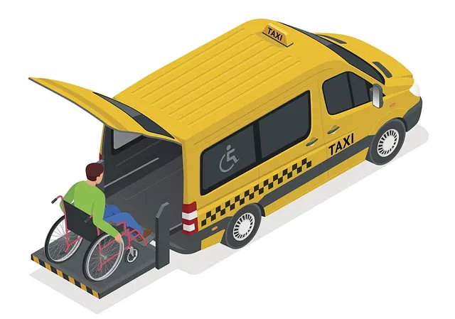 Darstellung Rollstuhlfahrer, der über eine barrierefreie Rampe in ein Taxi einsteigt