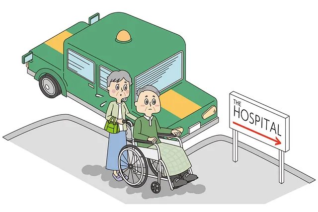 Darstellung, Oma fährt ihrem Ehemann mit Rollstuhl zum Krankenhaus nachdem sie aus dem Taxi ausgestiegen sind